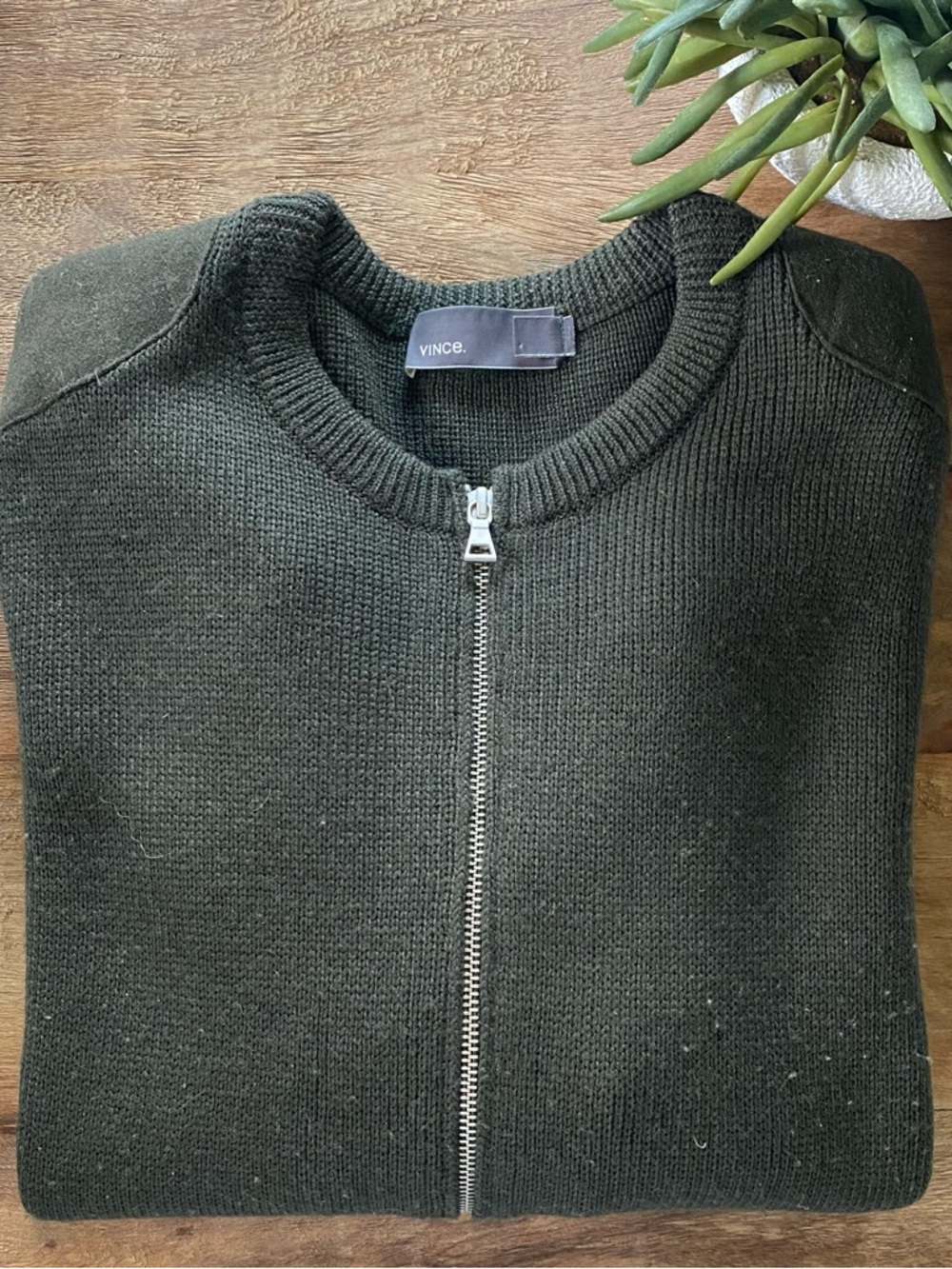 VINCE - Dark Olive Green Zip-Front Knit Sweater